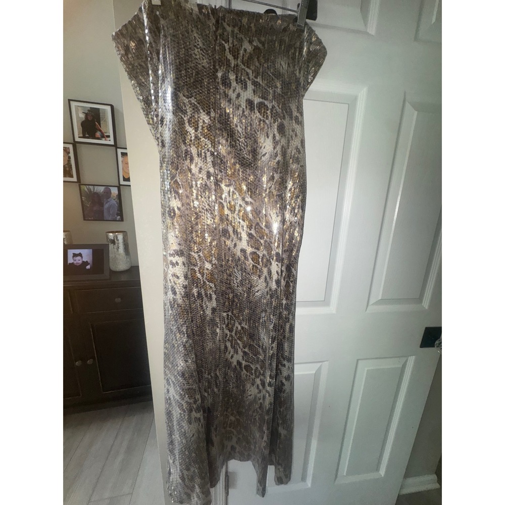 David Meister Metallic Leopard Sequin Strapless Gown Gold Silver 12 Formal Dress - Picture 7 of 8